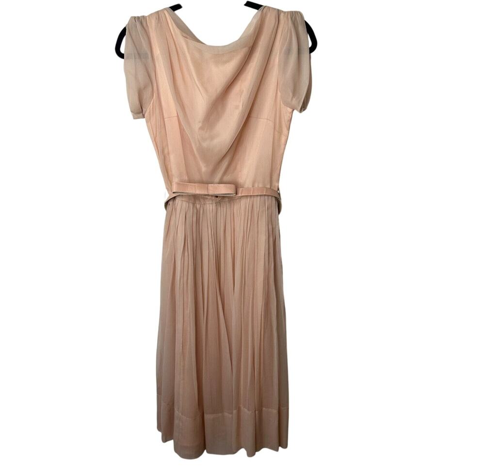 Vintage Size 15 Peach Chiffon Pleated Belted Sleeveless Dress Drape Neck BackZip